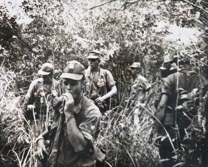 black and white photo of troops in a jungle